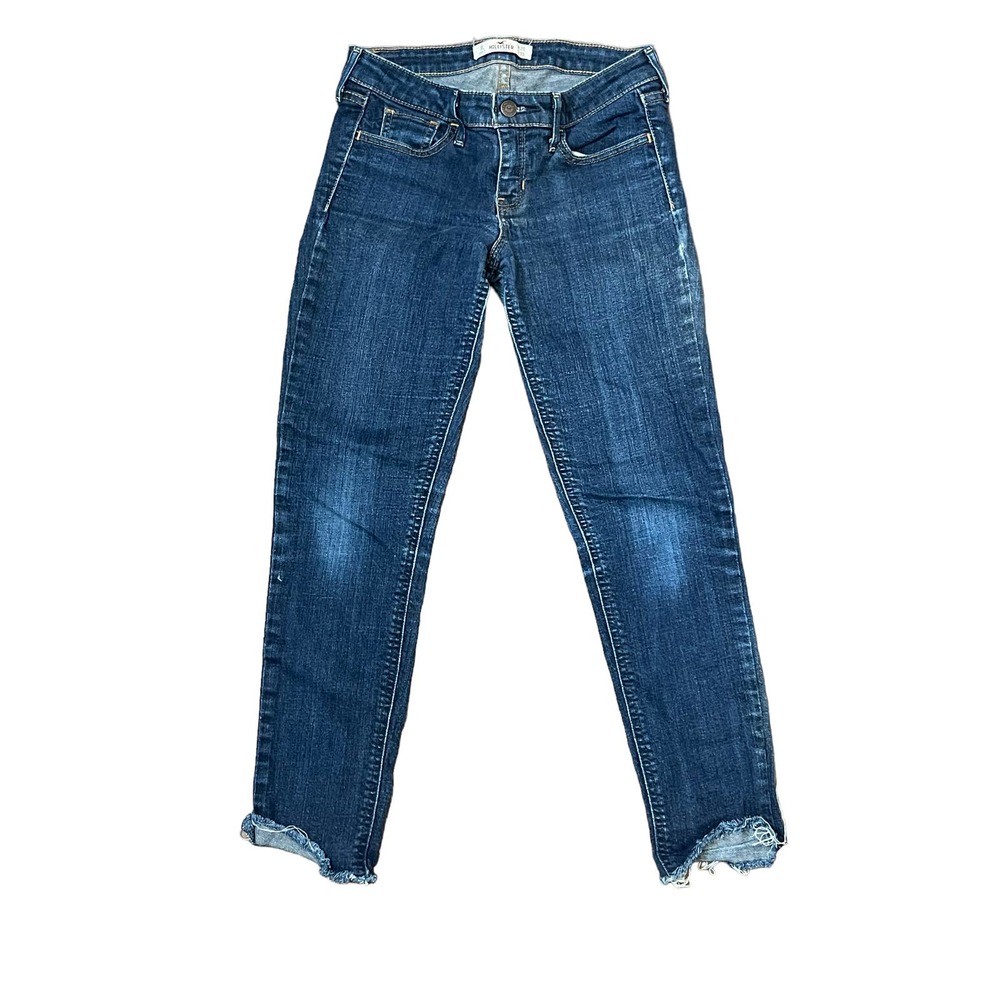 Hollister Women's Junior Skinny‎ Jeans Mid-Rise Frayed Hem Blue Denim Size 26x33